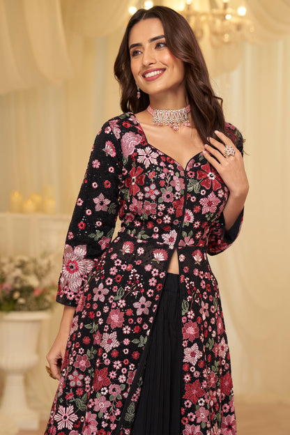 Black georgette Anarkali fabric flow detail