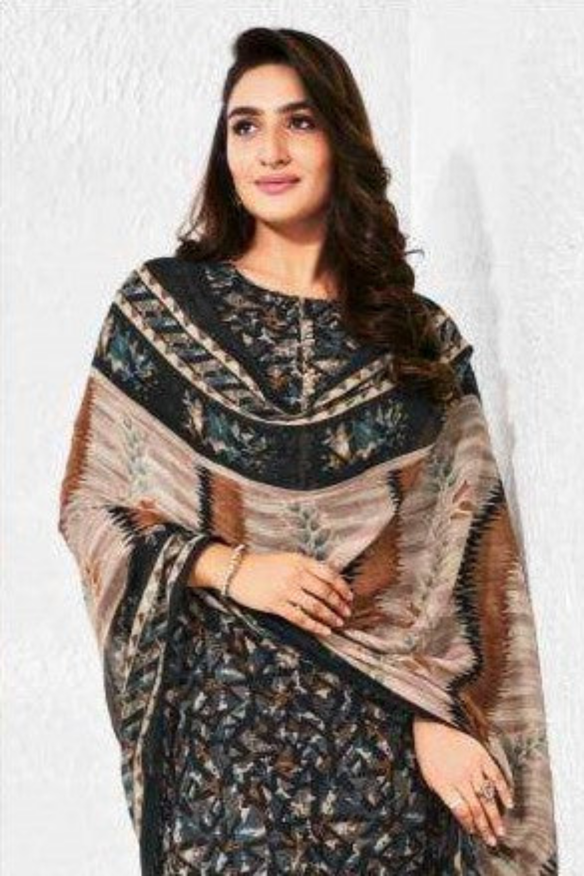 Close-up of printed cotton work on black dress