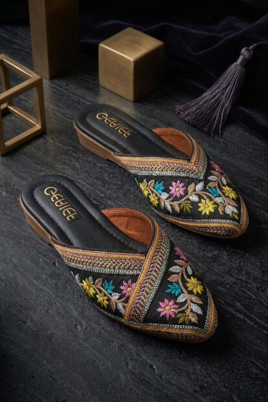 Pair of black floral embroidered jutti mules