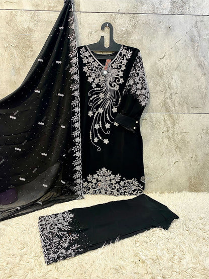 Black palazzo set showcasing embroidery and zarkan detailing