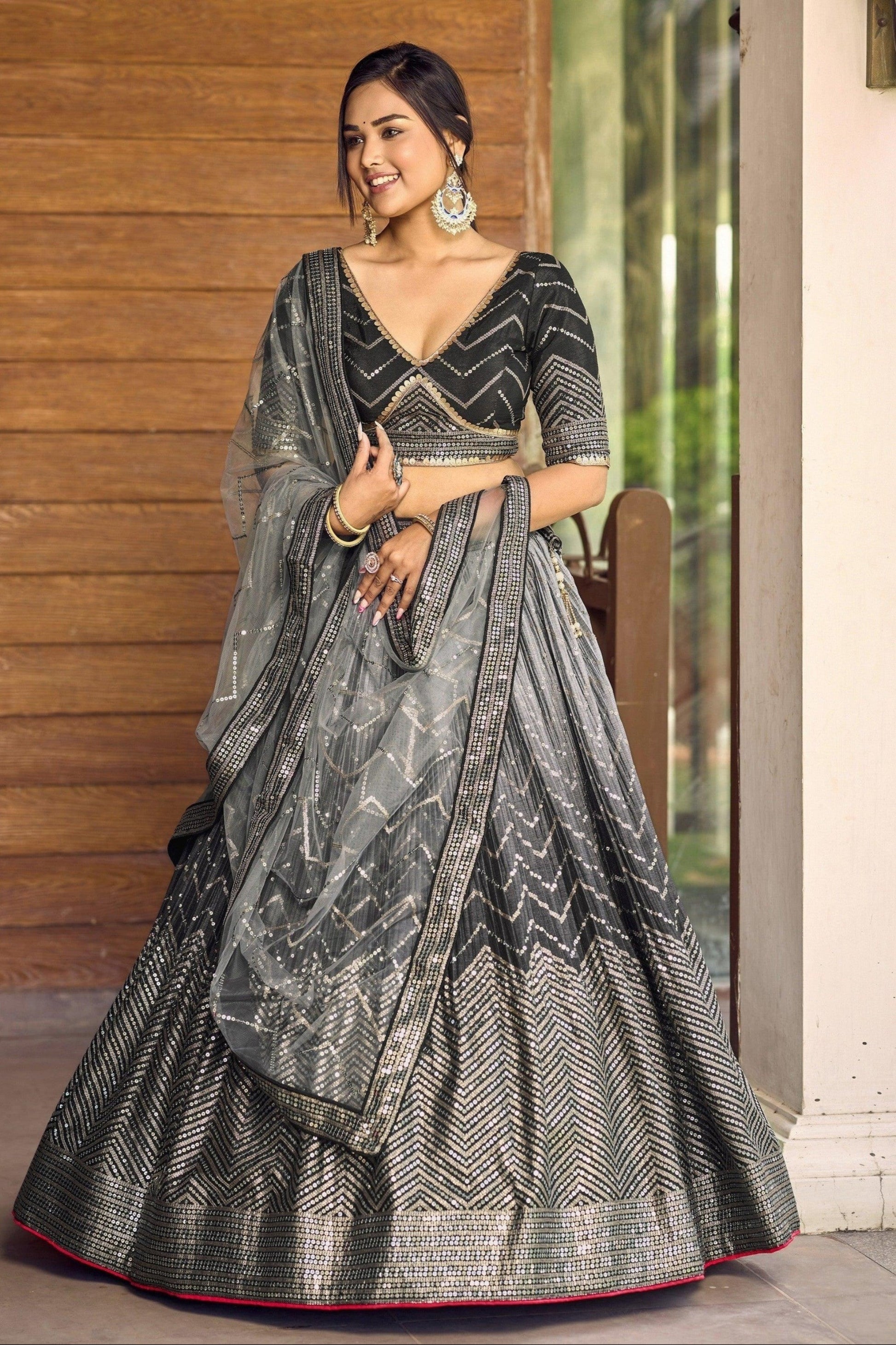 Black ghagra choli full view with chinon drape