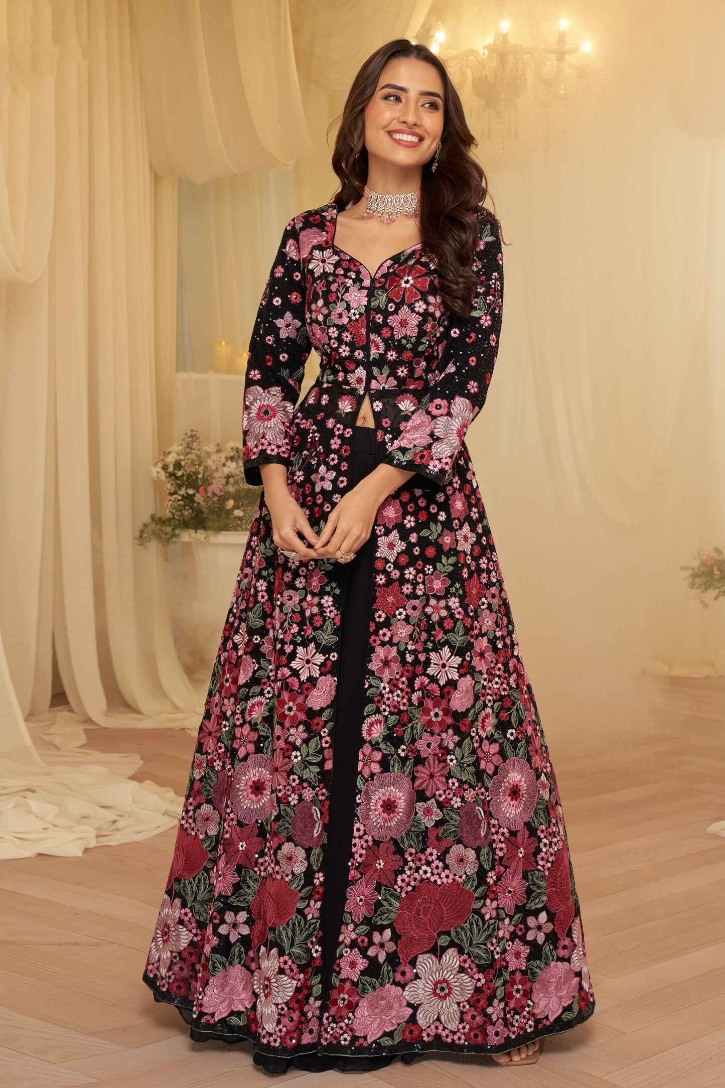 Black gown Anarkali front view with embroidered work
