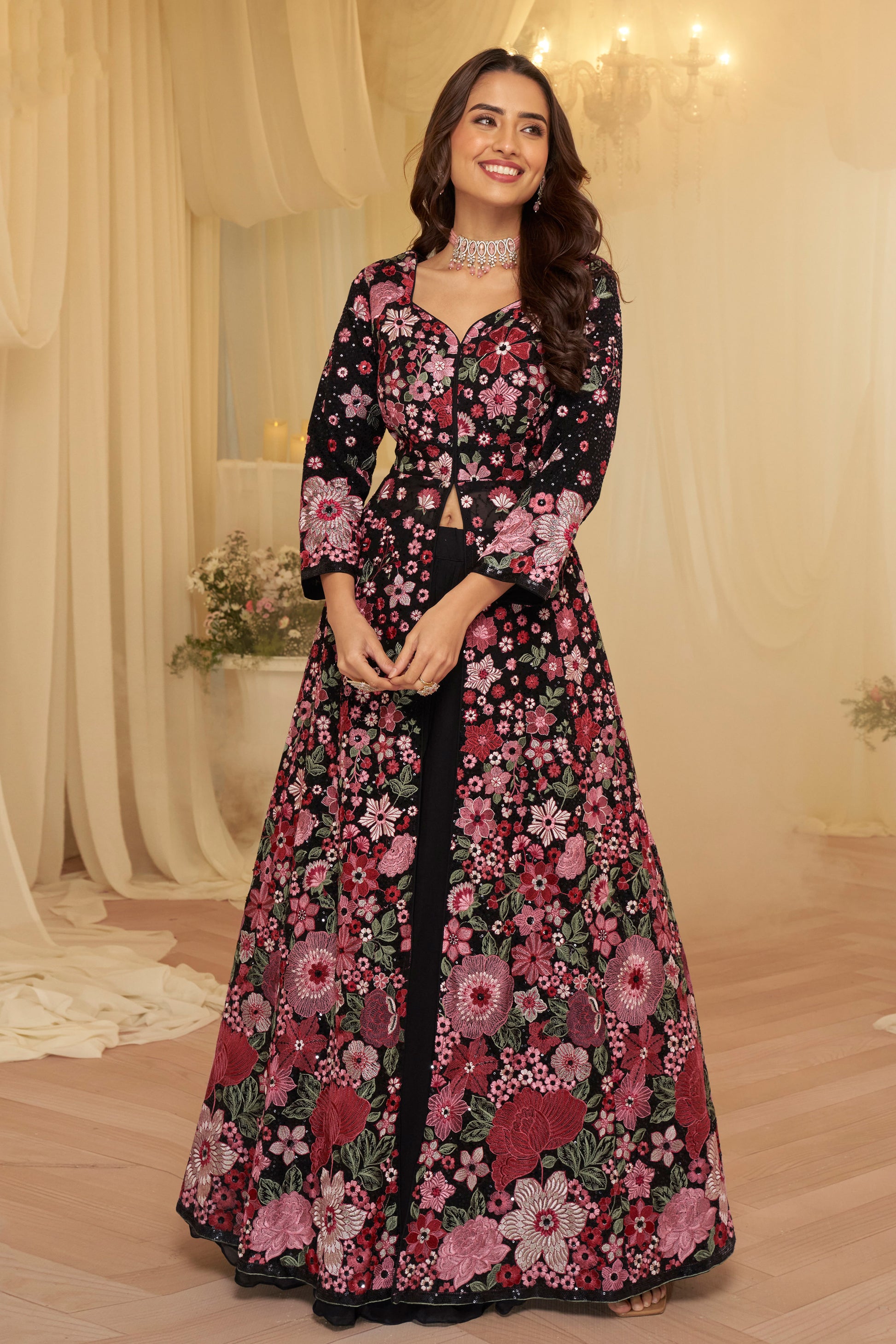 Black gown Anarkali front view with embroidered work