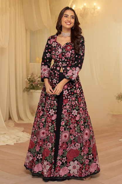 Black gown Anarkali front view with embroidered work