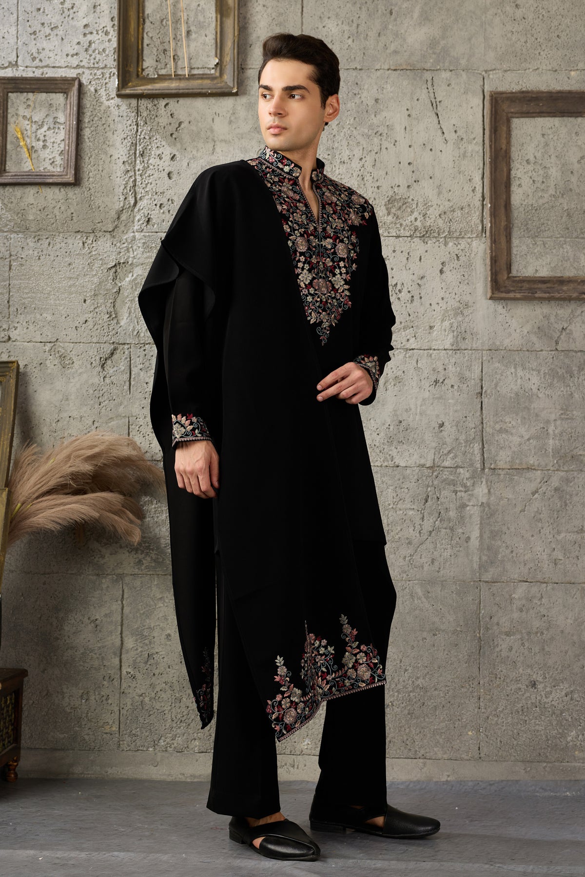 Black kurta embroidery detail view