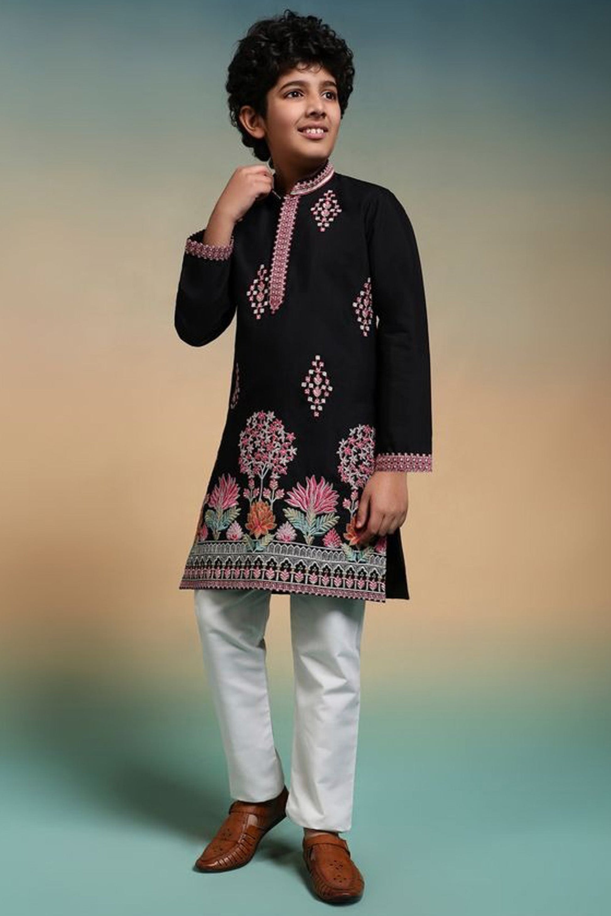 black kurta for men with multicolor embroidered work front view