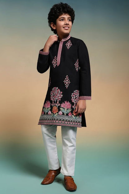 black kurta for men with multicolor embroidered work front view