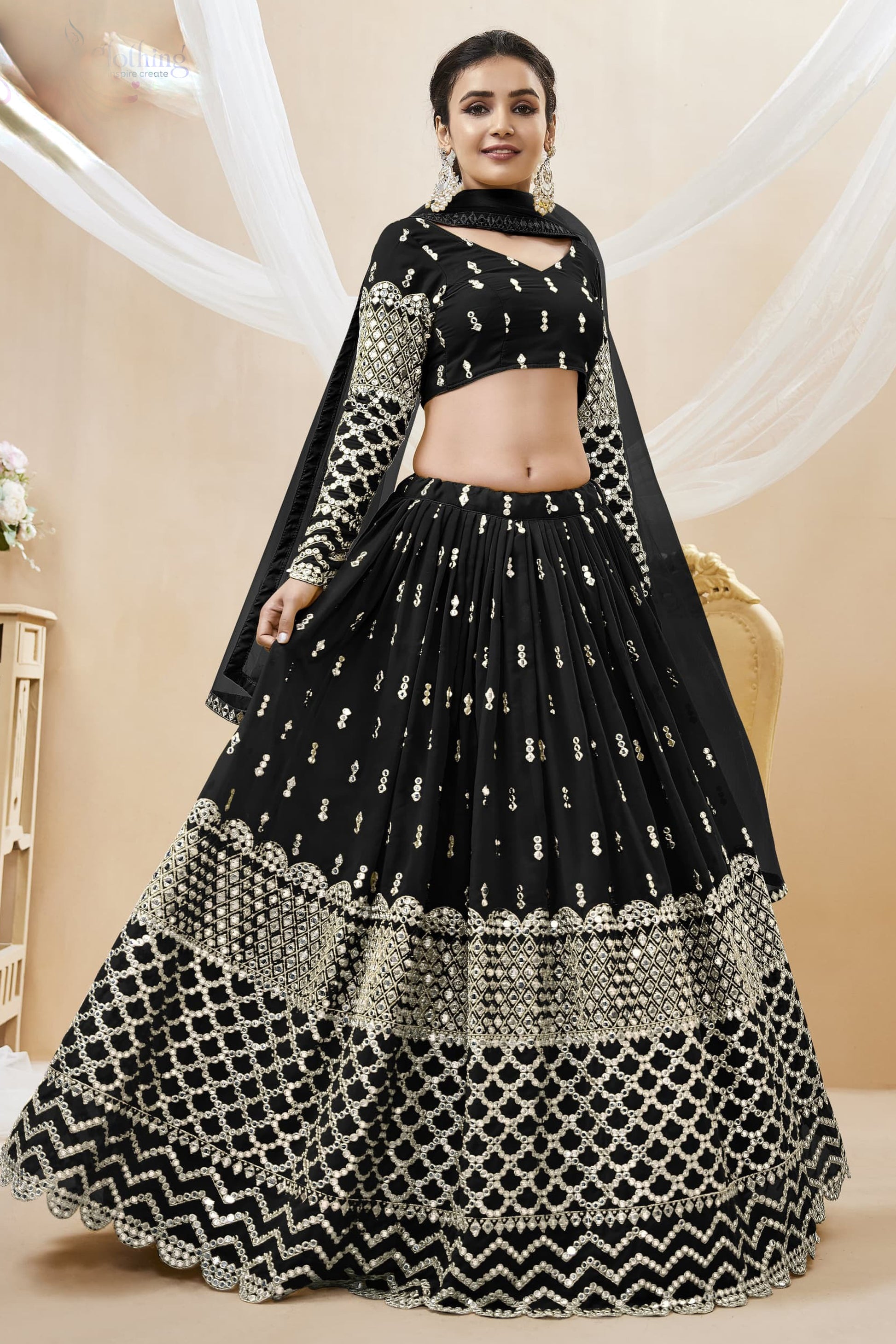 Black lahenda front view with sequins embroidery