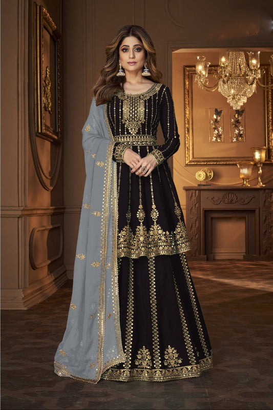 Black lehenga choli front view with embroidery and sequence work