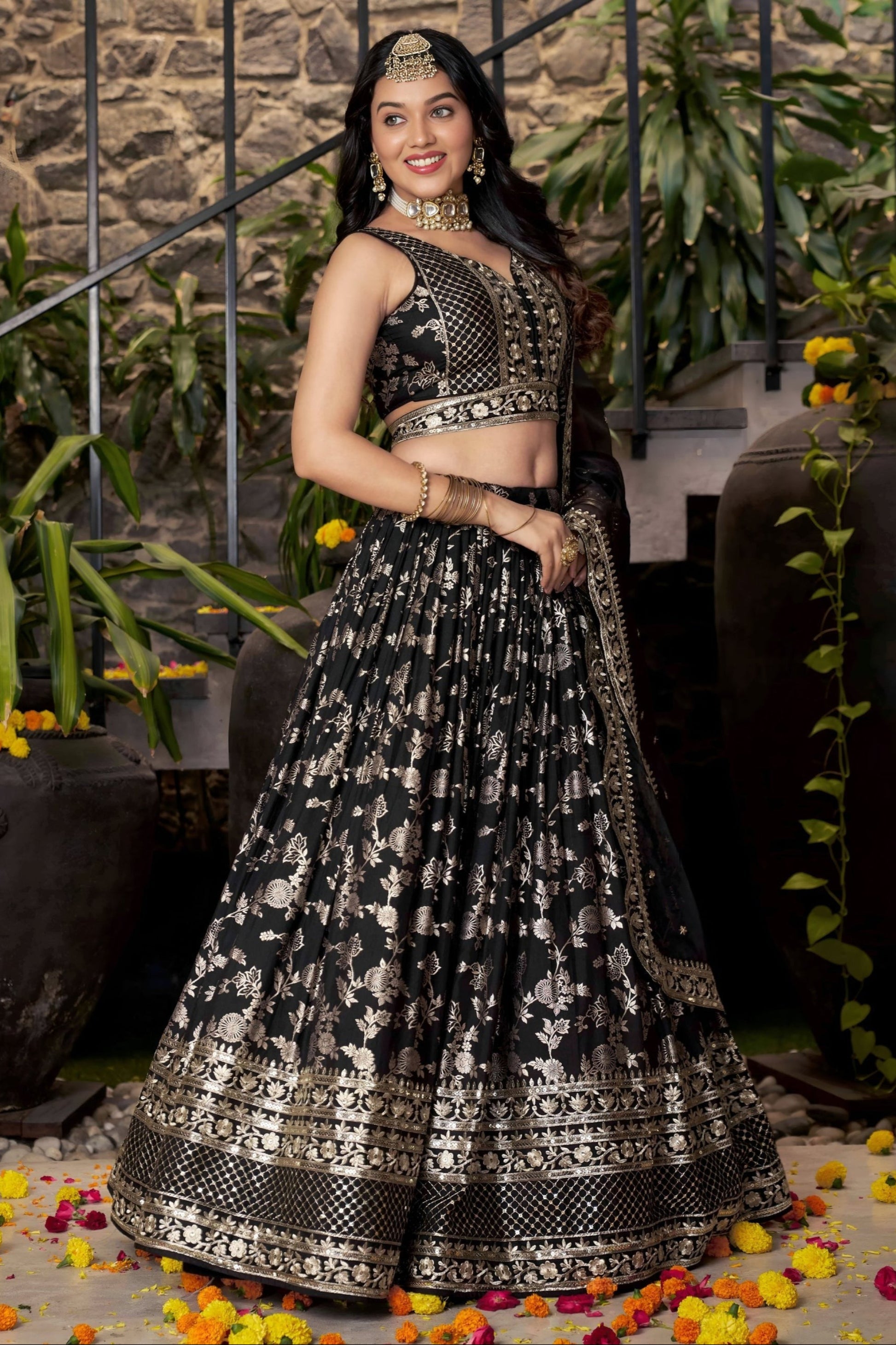 Black lehenga choli front view with embroidered detailing