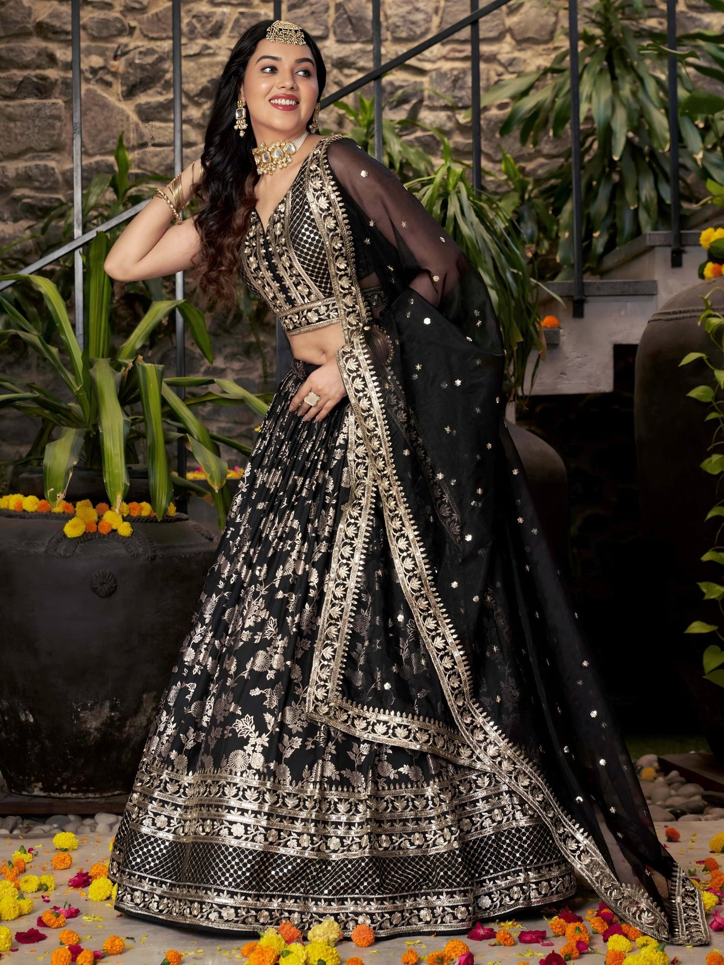 Black lehenga choli skirt flare and fabric fall