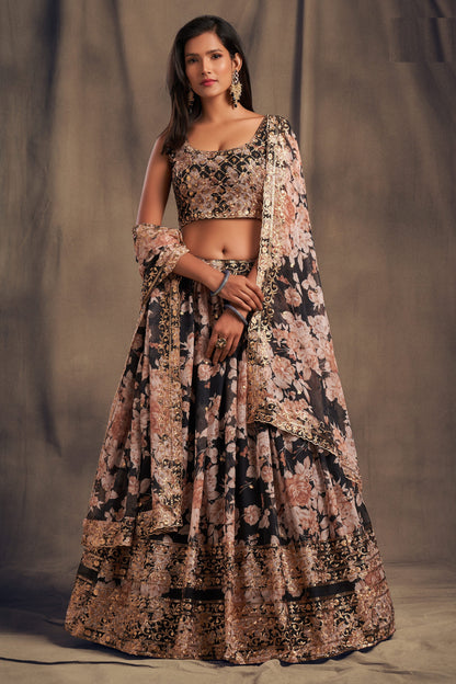 black lehenga full front view with embroidered detailing