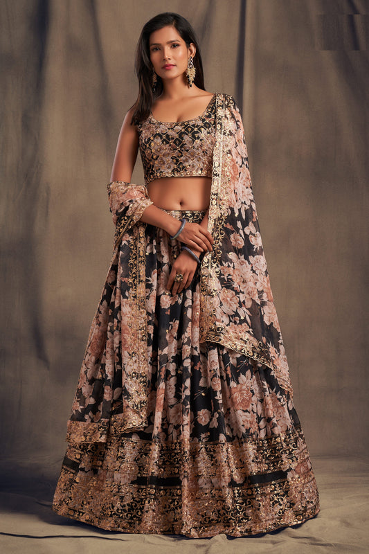 black lehenga full front view with embroidered detailing