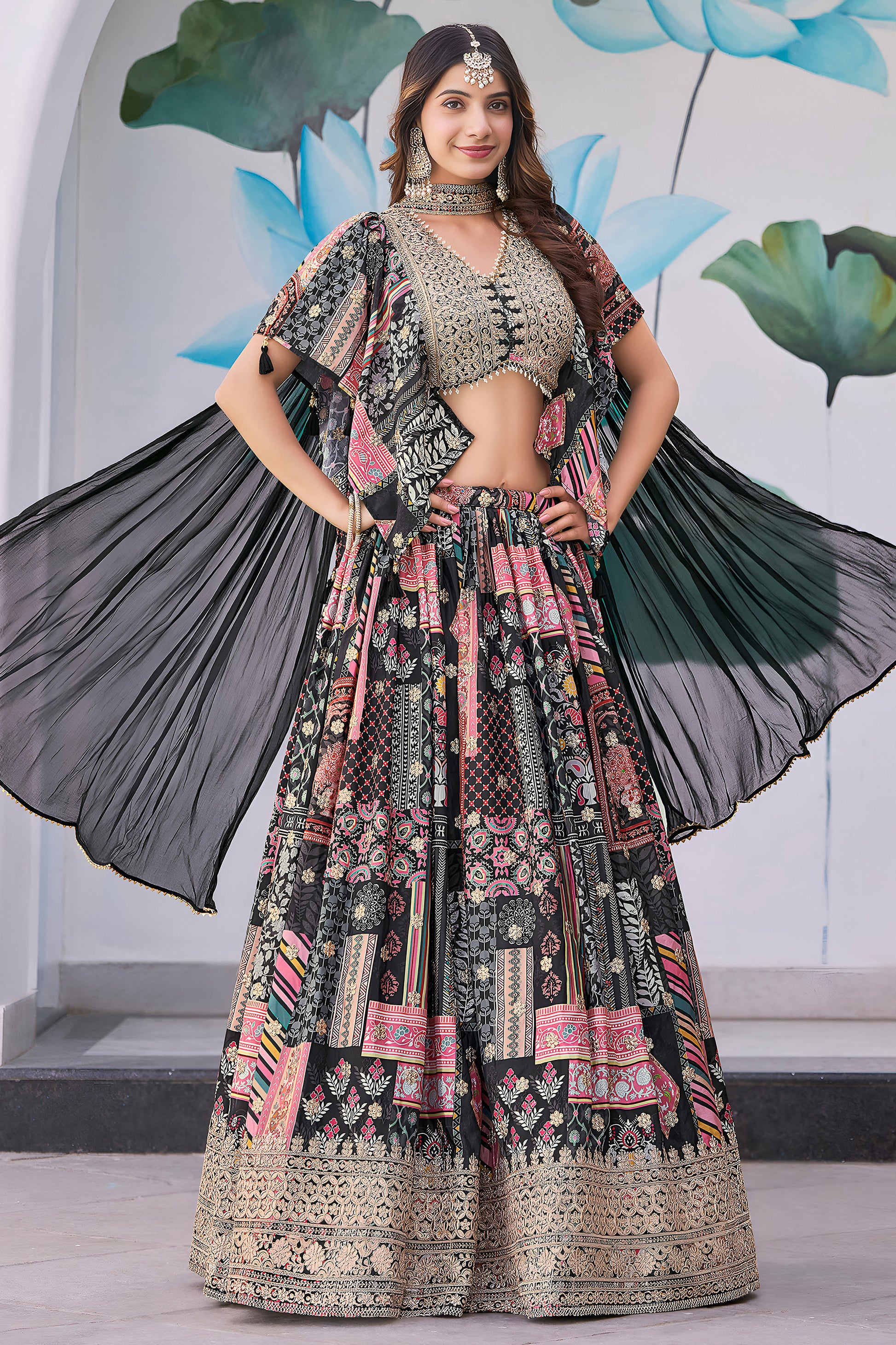 Black Lehengha Choli front view with embroidery detail