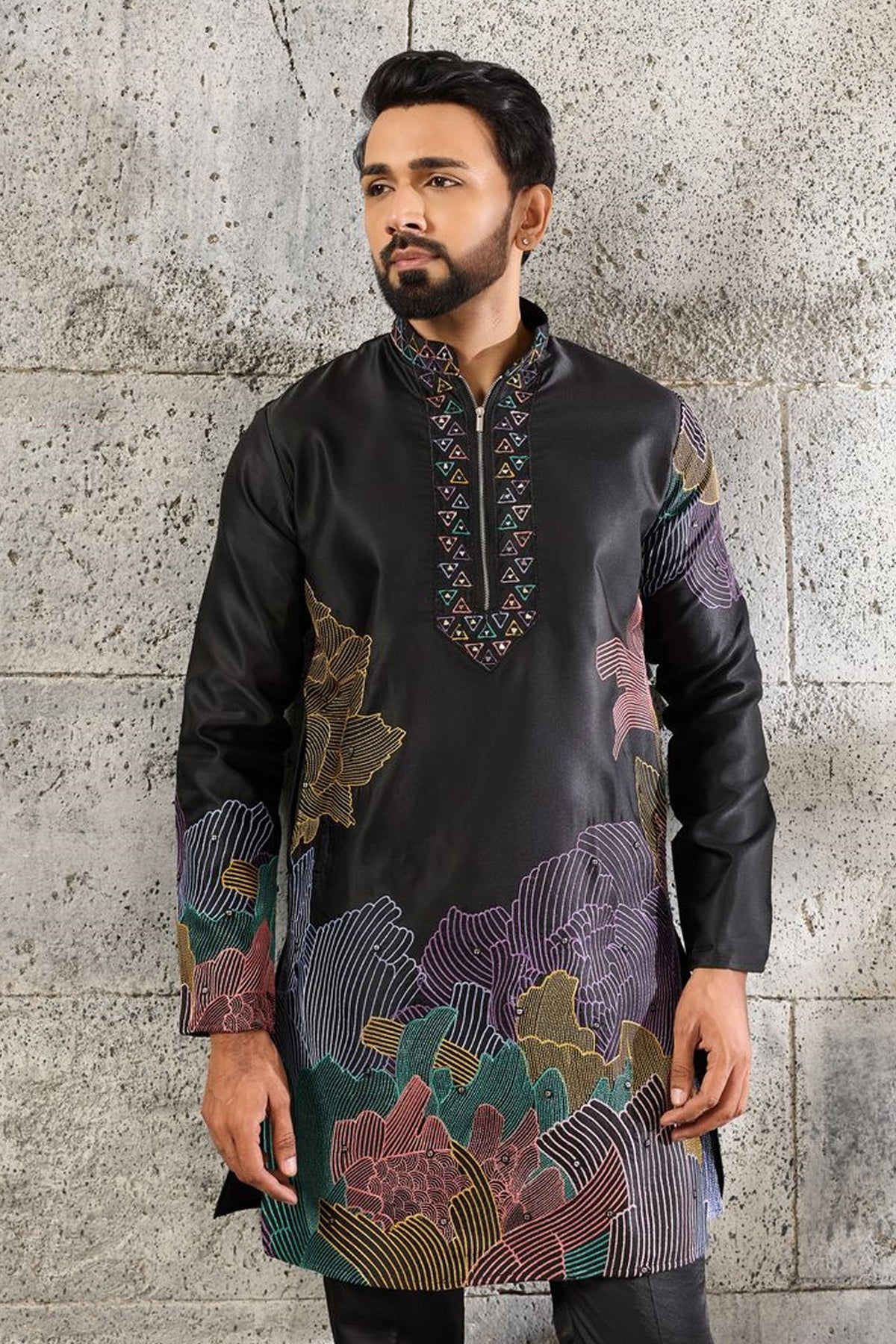 Black pajama set with thread and sequin embroidery