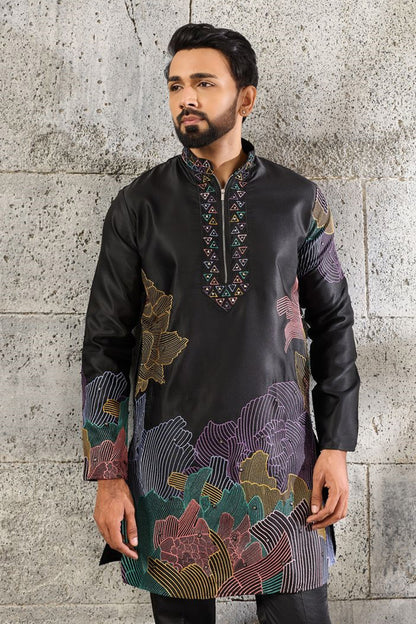 Black pajama set with thread and sequin embroidery