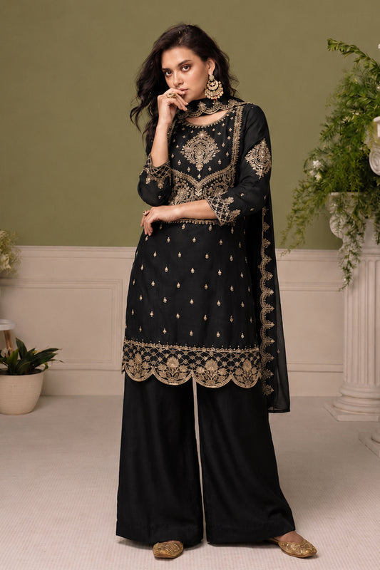 Front view of Black Salwar Kameez with thread sequin embroidery work