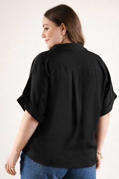 Back view of polyester black shirt with smooth finish