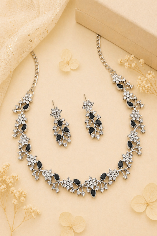 black stone necklace set with floral cluster design