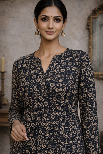 black tunic tops for women with floral digital print close up