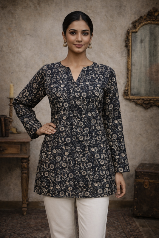 black tunic tops for women with floral digital print front view