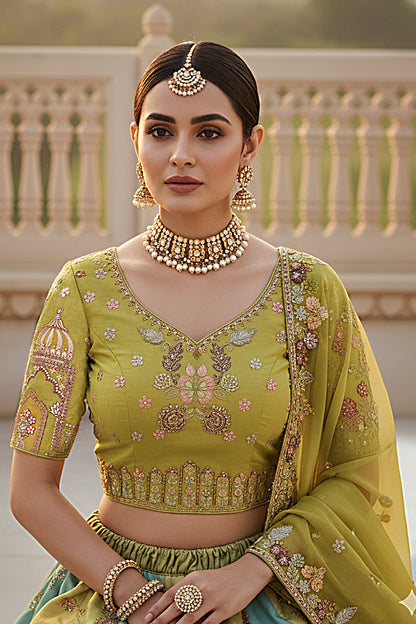 Close-up of blouse embroidery and lace accents