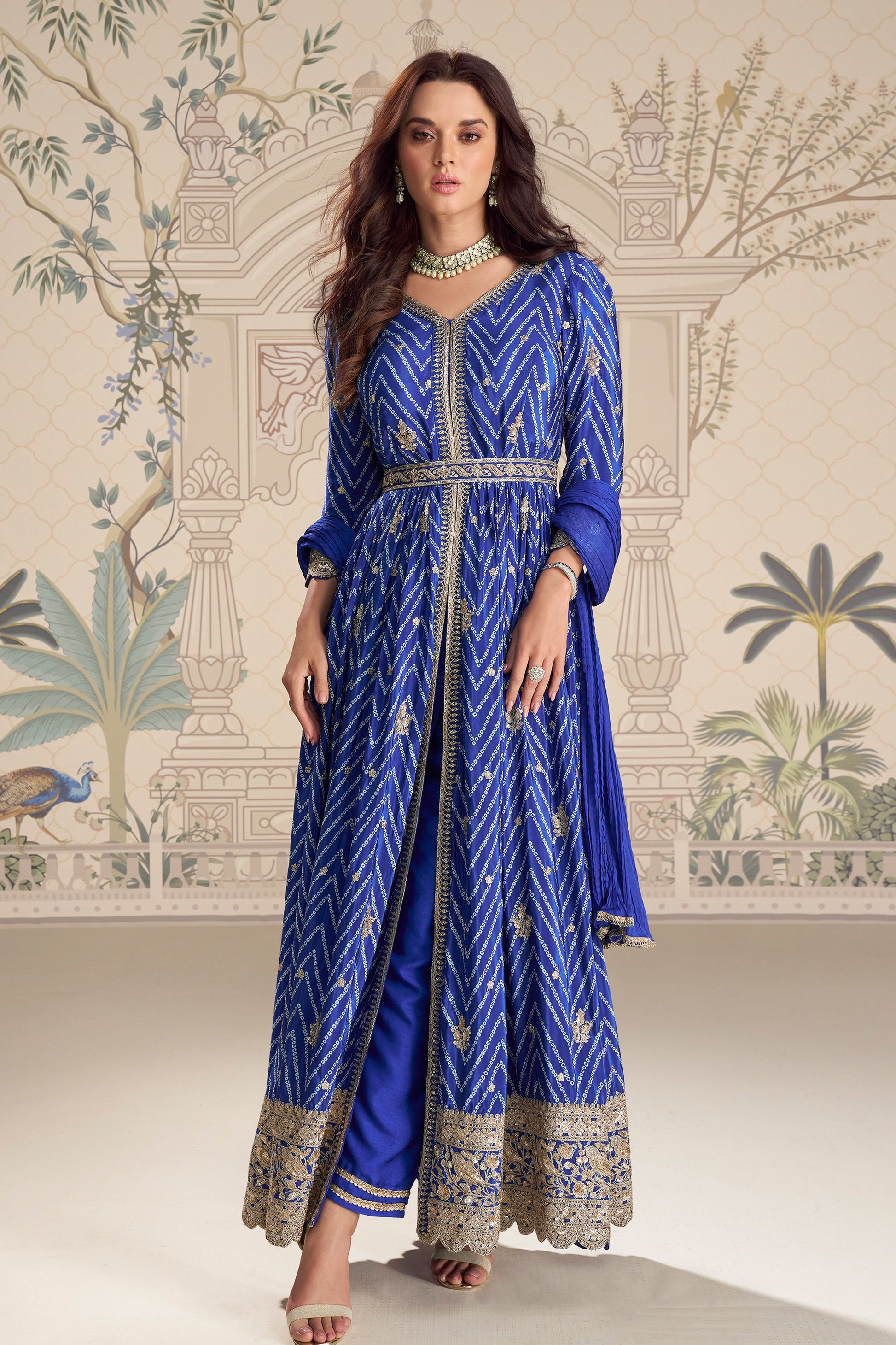 Blue anarkali dress front view with embroidery work