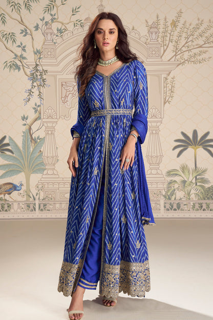 Blue anarkali dress front view with embroidery work