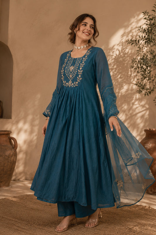 Blue anarkali Kurti with Ethnic Motifs Embroidered neckline