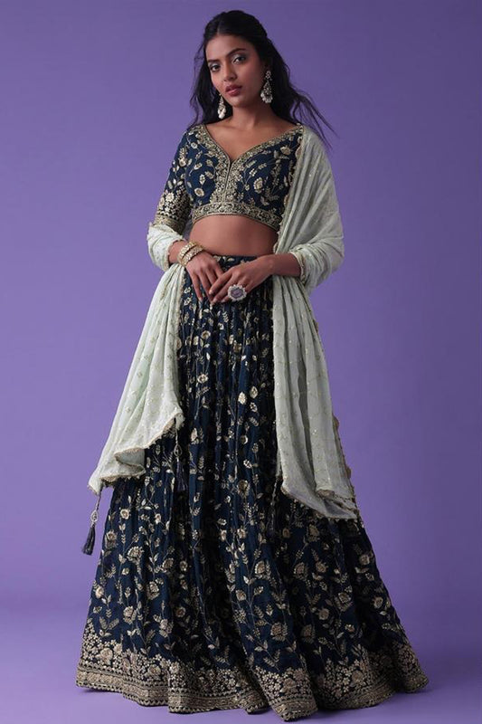 blue colour lehenga choli full outfit presentation