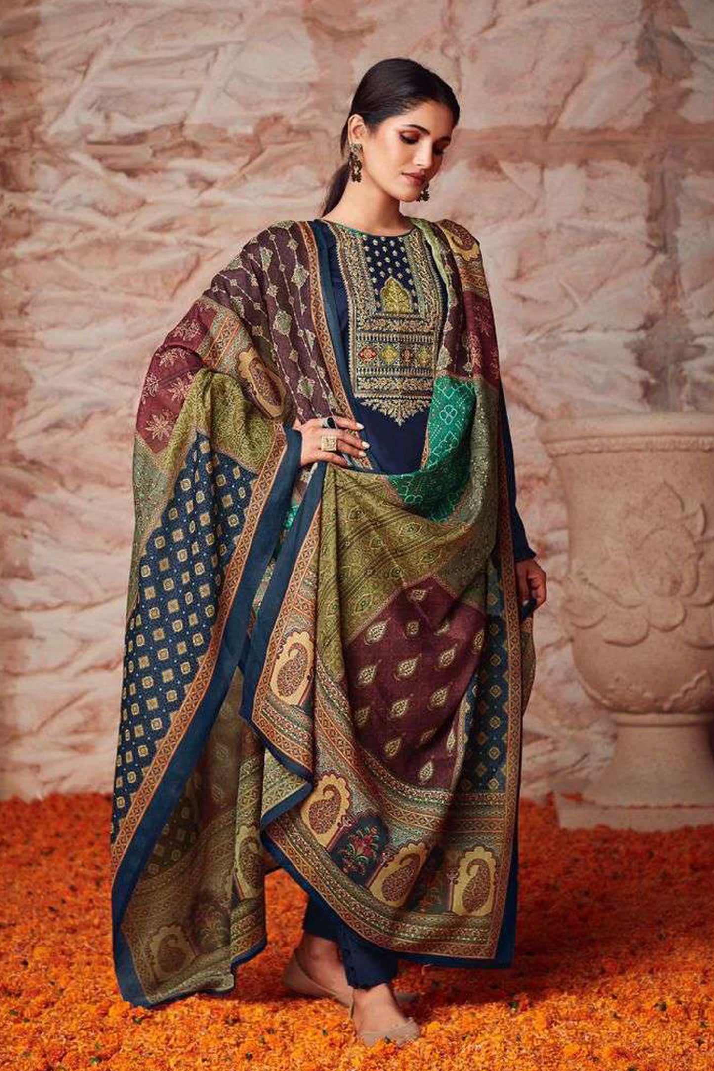 Back view of blue cotton dresses with print