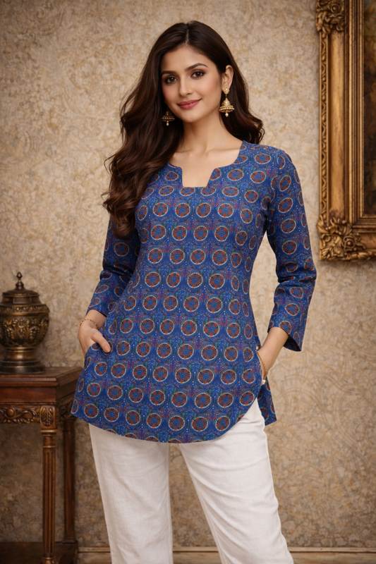 Blue crop tops for women with digital print front view