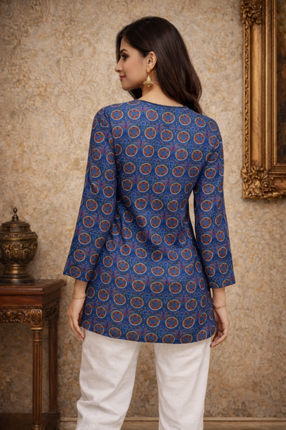 Side angle view of modern style tunic-inspired crop top