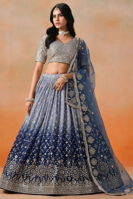 Blue lehenga bridal front view with georgette drape