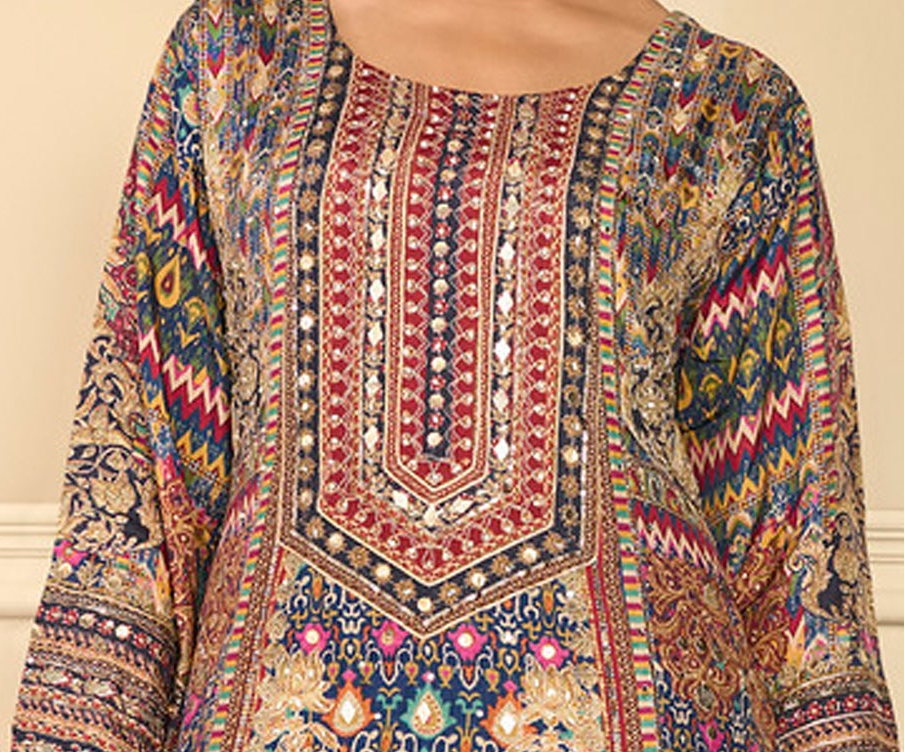 Neckline detail of the blue embroidered kameez