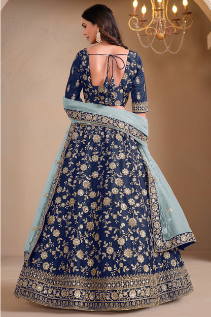 Back view of blue embroidered lehenga choli set