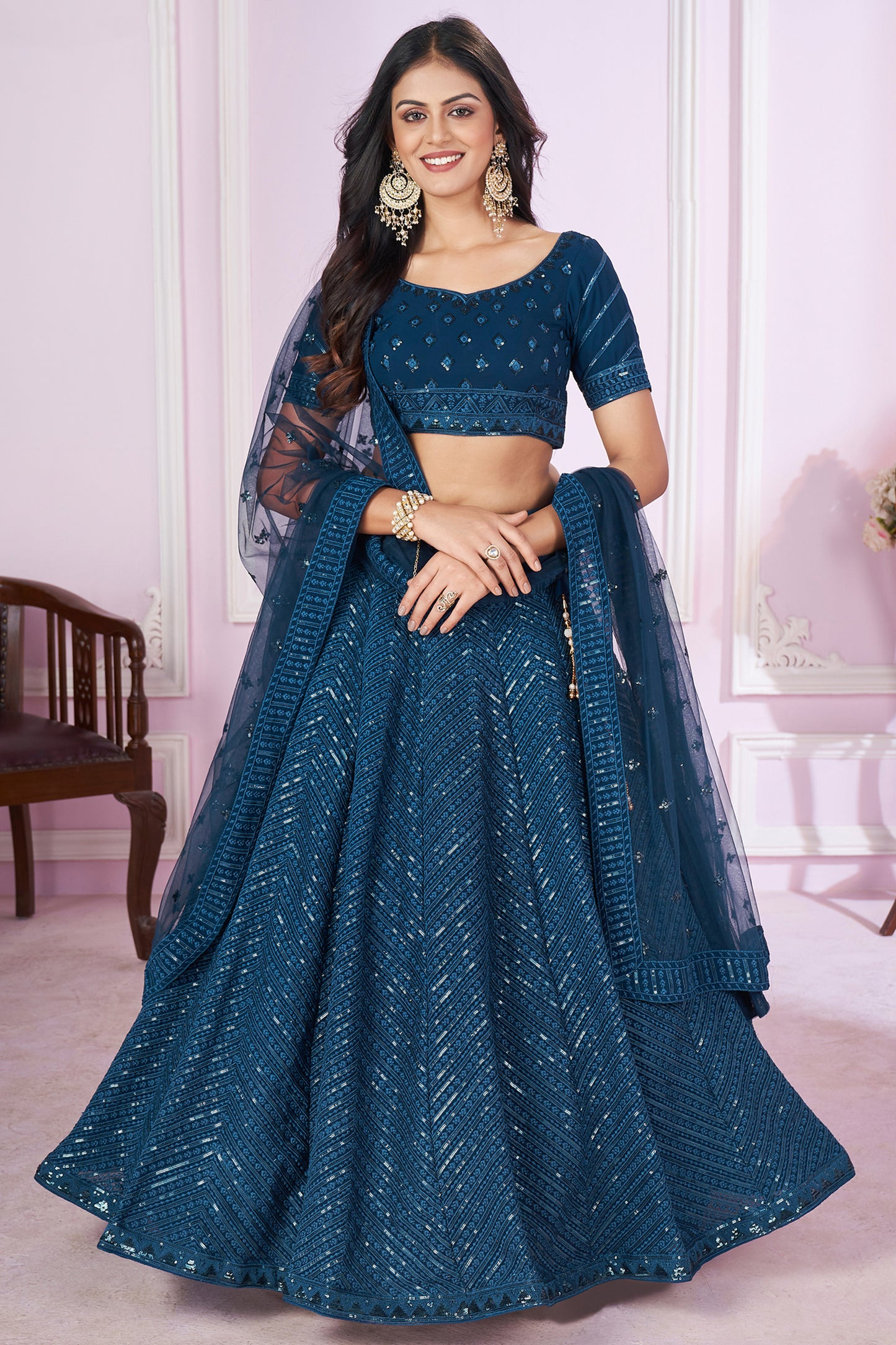 Blue lehenga choli front view with embroidery work