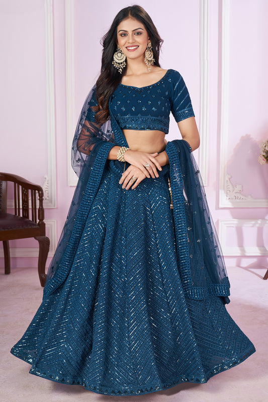 Blue lehenga choli front view with embroidery work