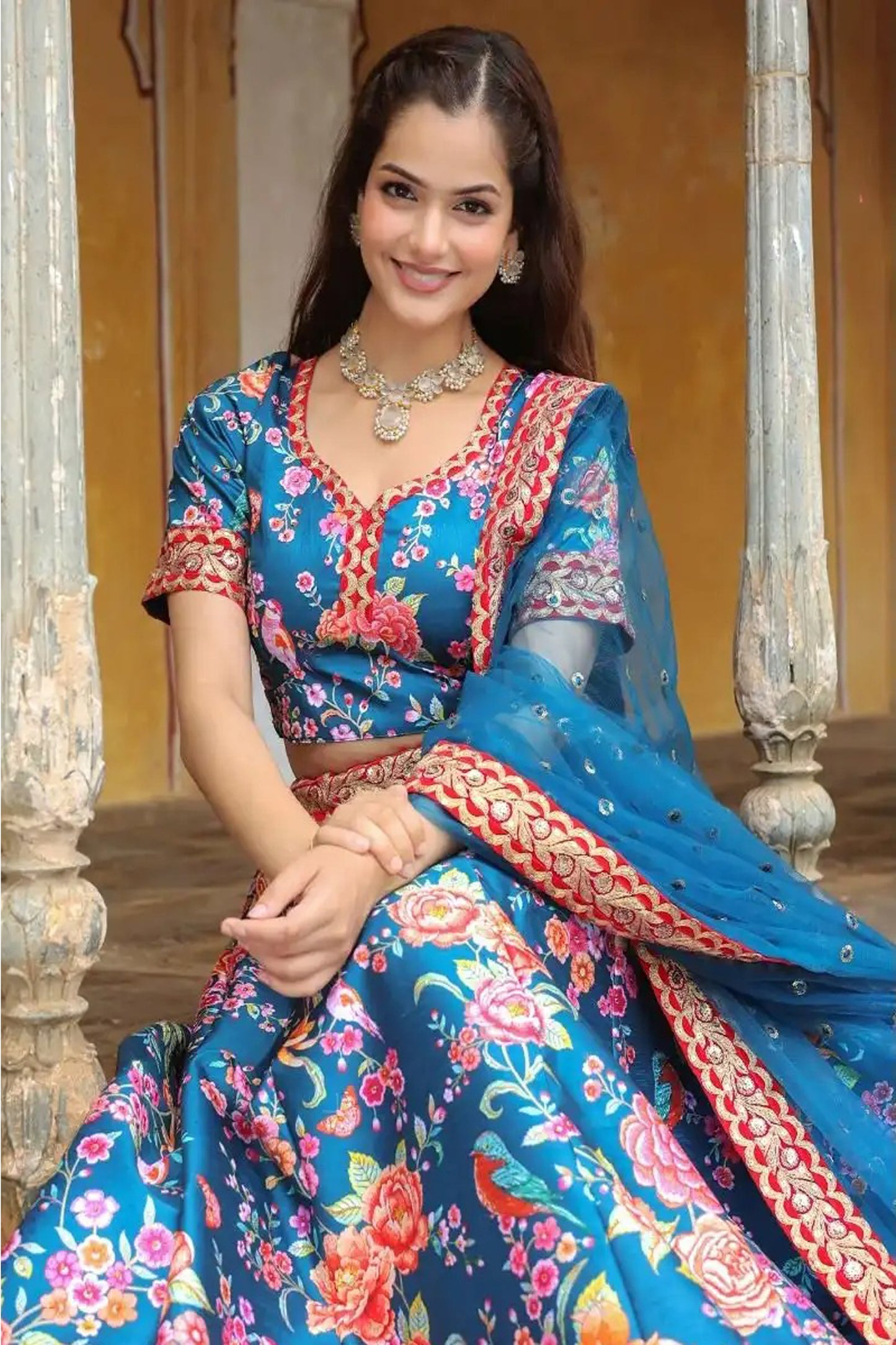 Blue Lehenga Choli with zari dori sequins embroidery front view