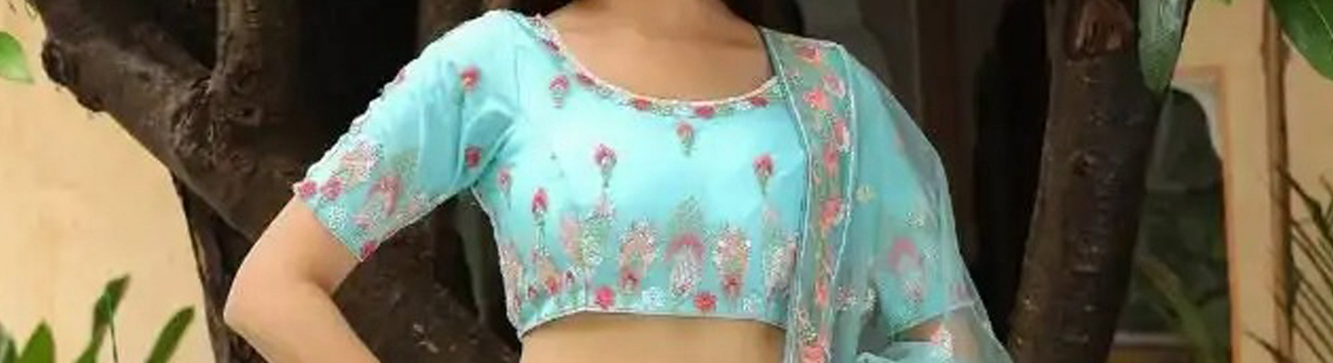 Front view of Blue Lehenga Choli with embroidered detailing