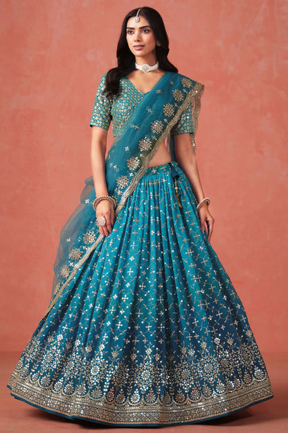 Blue lehenga choli front view with sequins zari embroidery