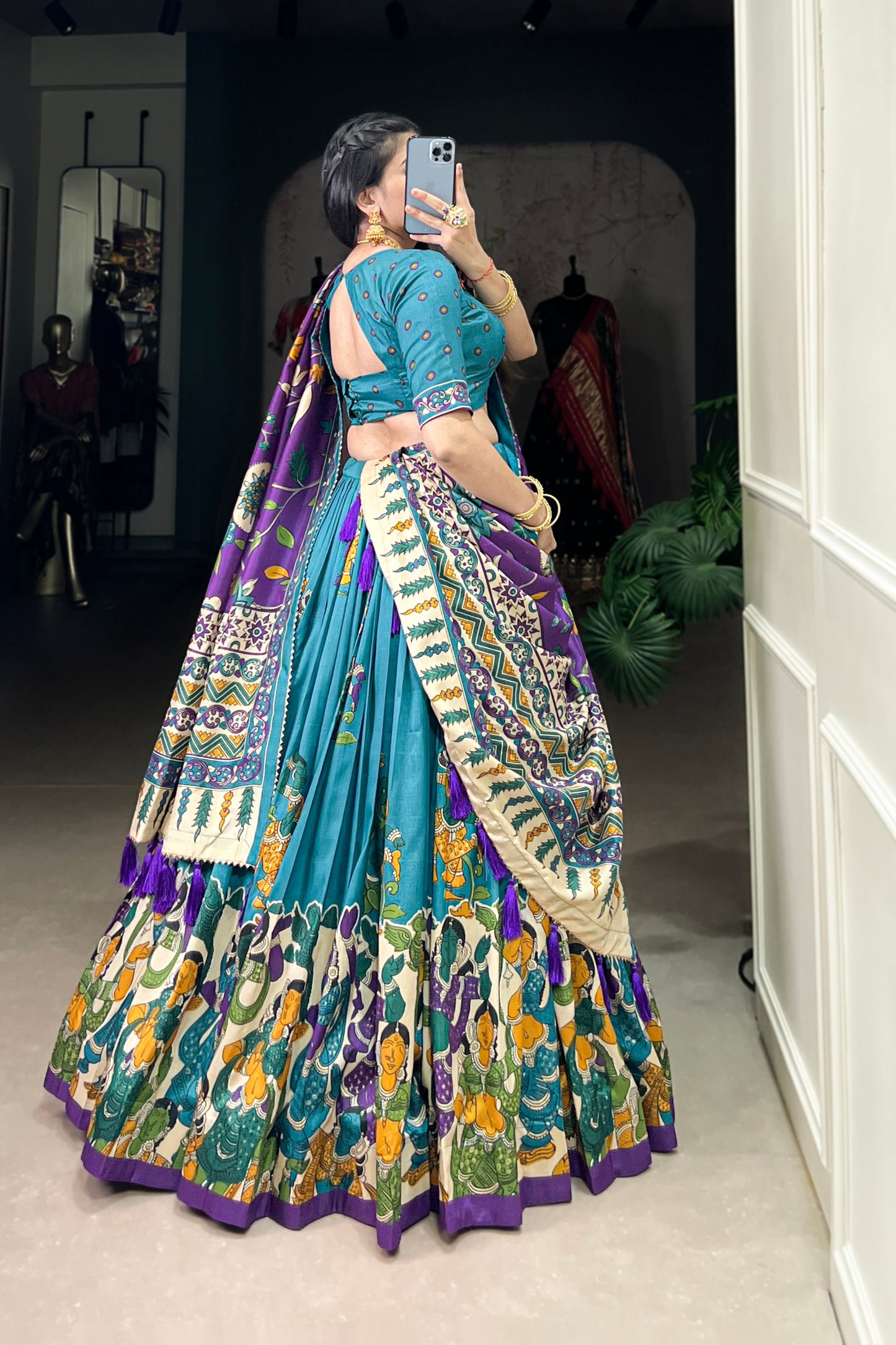 Back view of blue lehenga choli for event wear