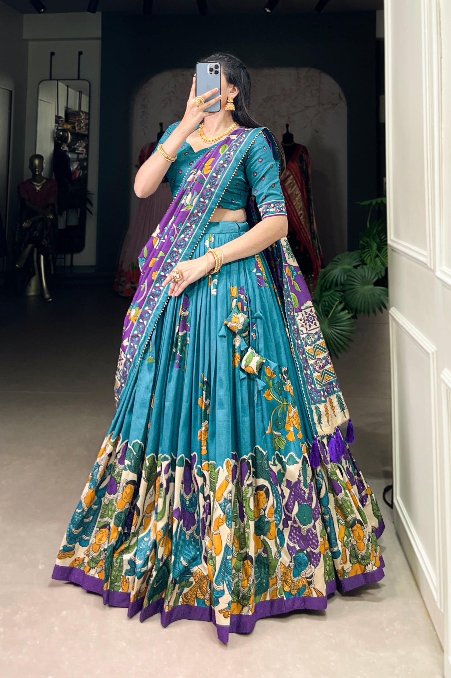 Blue lehenga choli ghagra full front view silk fabric