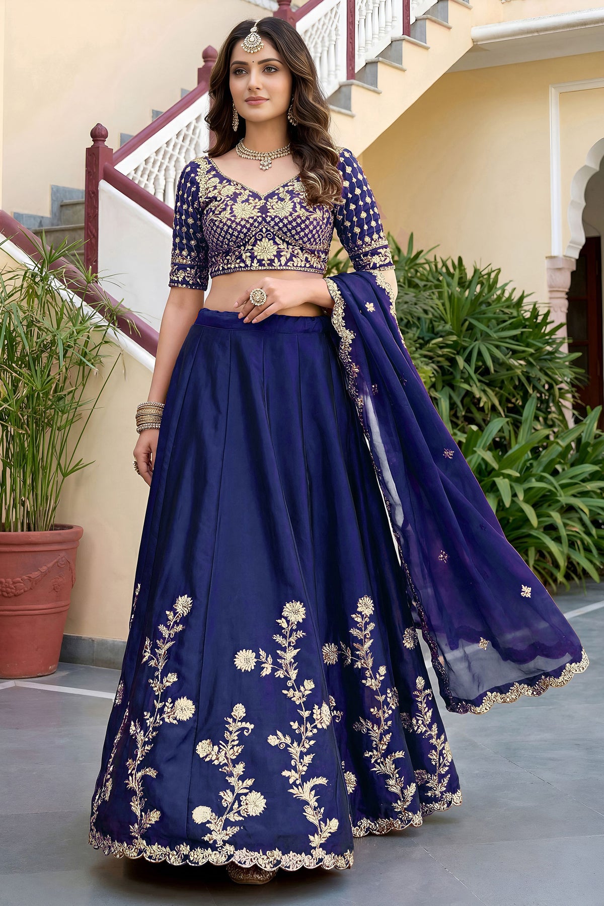 Blue lehenga choli with dupatta arranged for wedding look