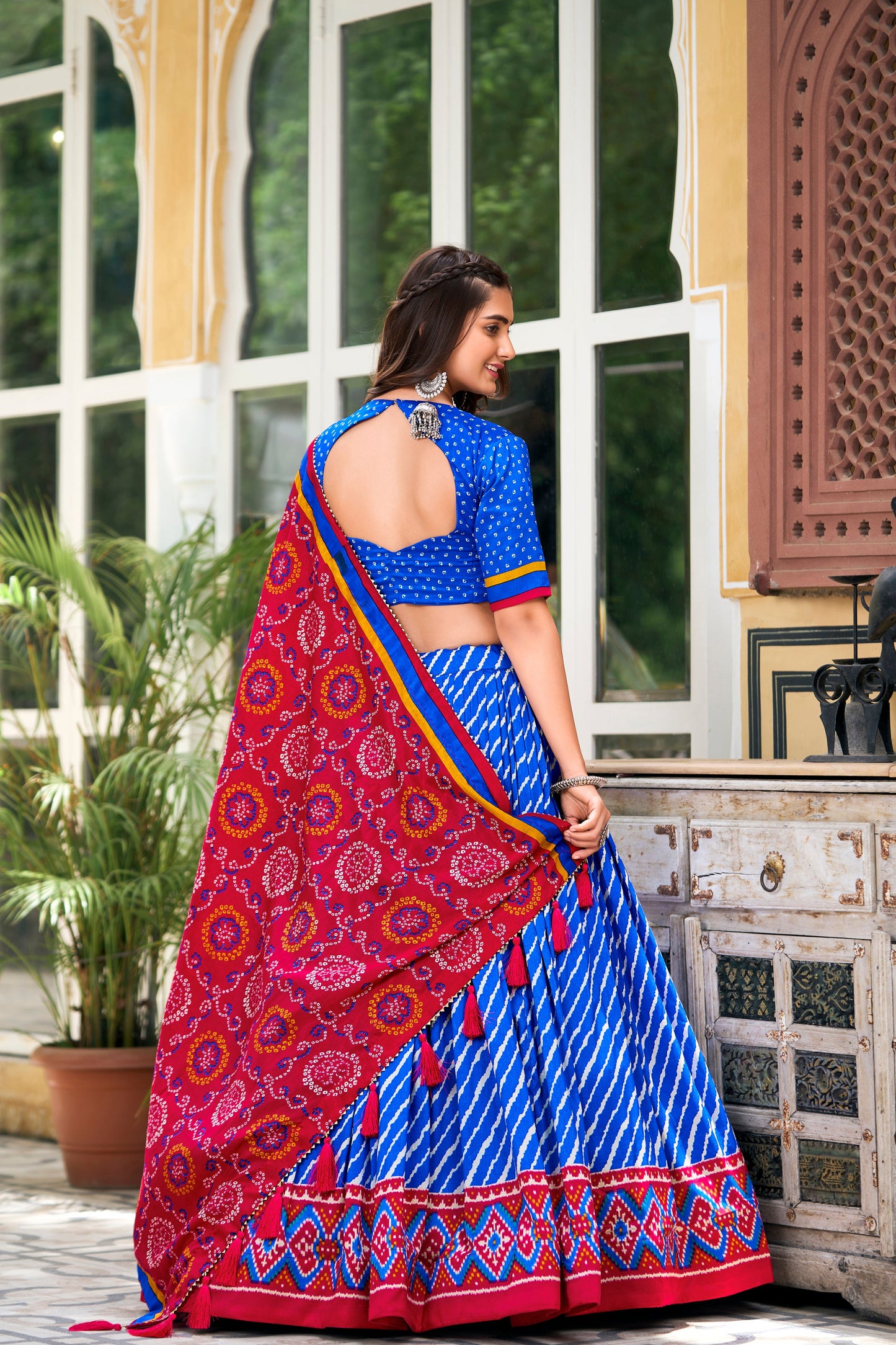 Detailed view of leheriya pattern on wedding ghagra choli