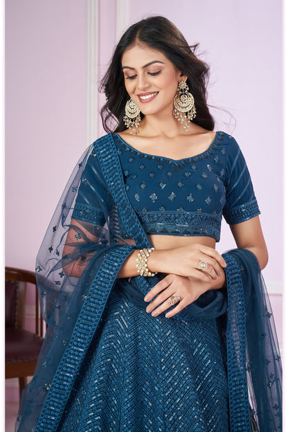 Blue lehenga close-up of embroidery craftsmanship