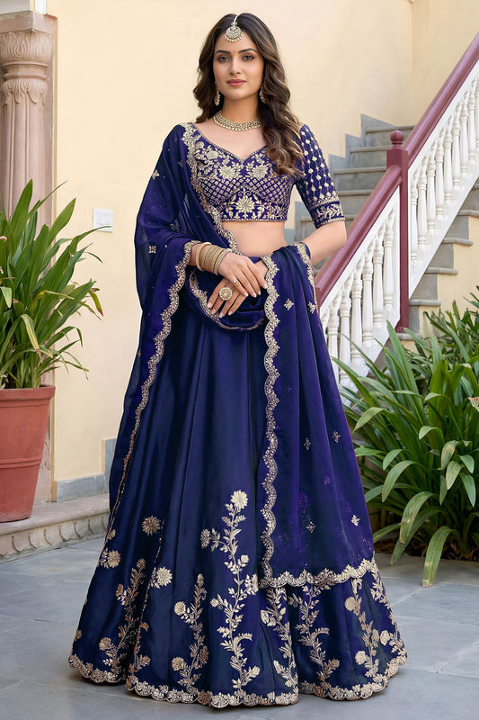 Blue lehenga for wedding front view with embroidered choli and dupatta