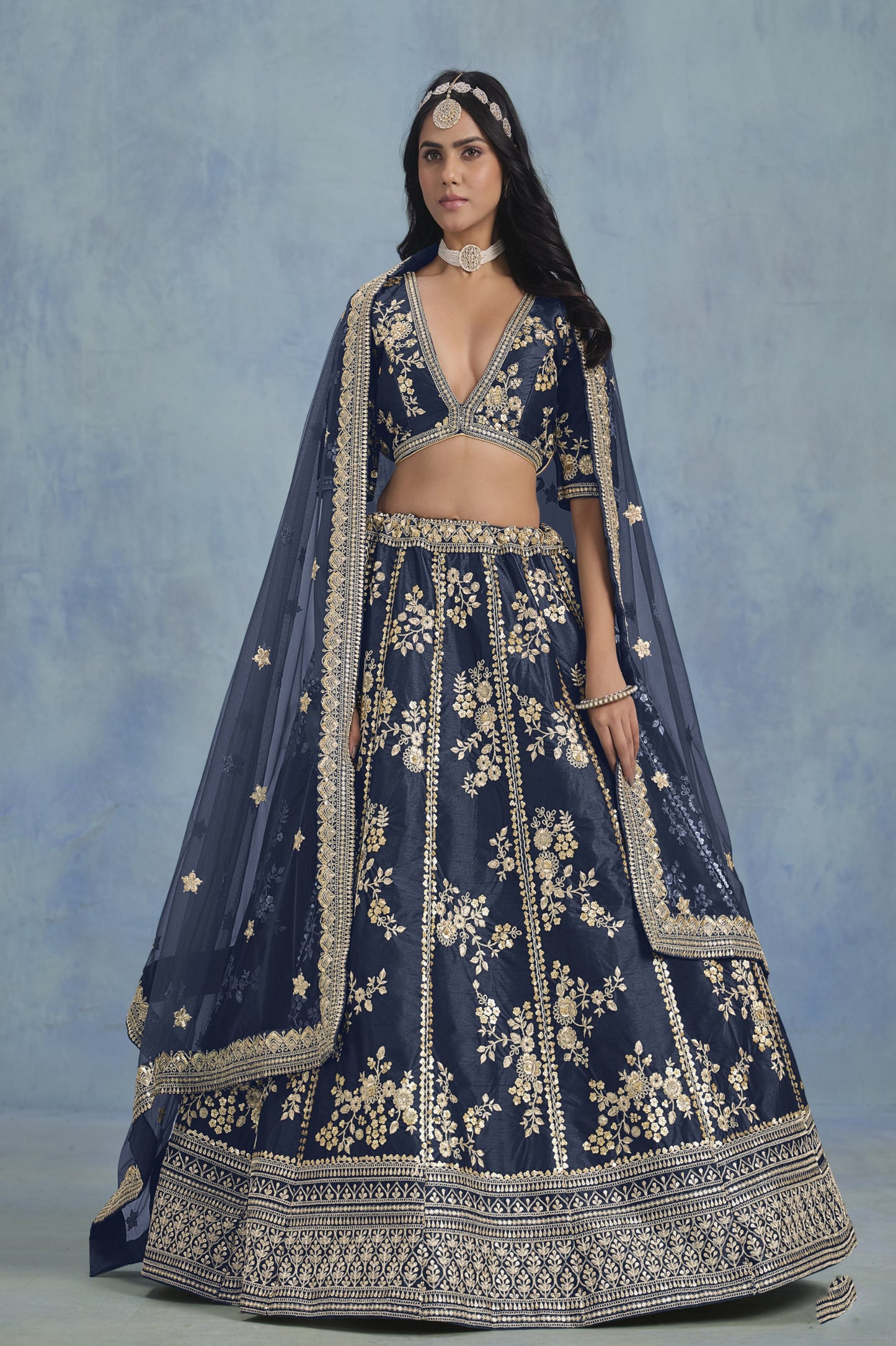 Navy blue lehenga front view with embroidery detail