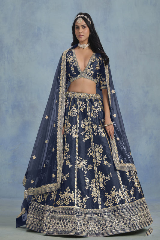 Navy blue lehenga front view with embroidery detail