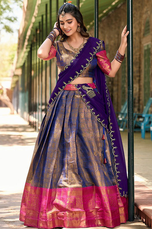 Navy blue lehenga full front view with zari weaving